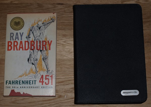photo of leather cover closed and Fahrenheit 451 paperback for comparison