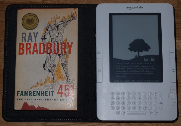 photo of Kindle with leather cover and Fahrenheit 451 paperback for comparison